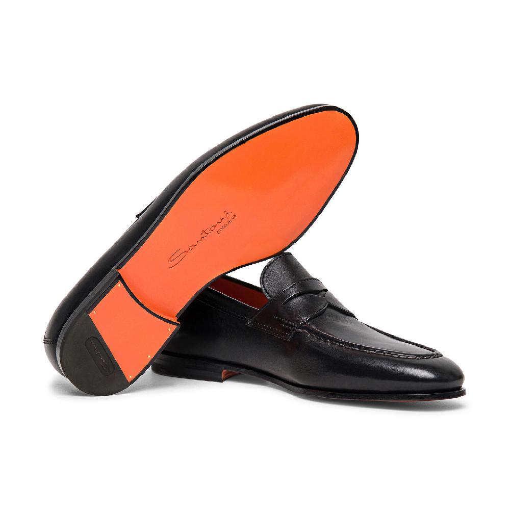 Santoni Mocassino penny da uomo in pelle nera In Linea