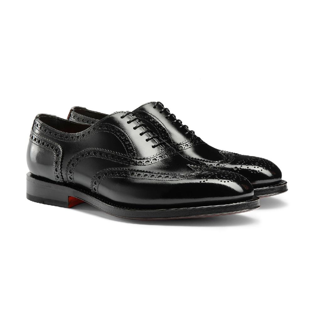 Santoni Stringata oxford brogue da uomo in pelle anticata nera Sottocosto