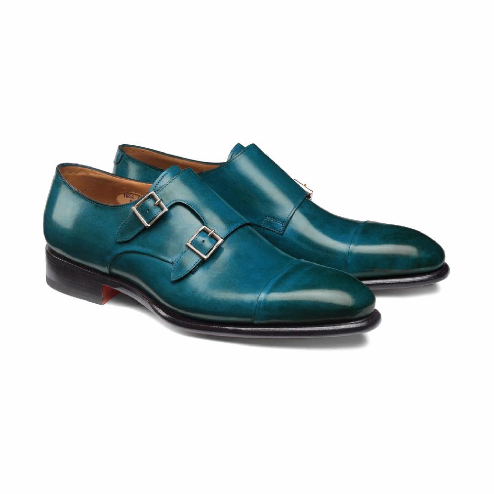 Santoni Doppia fibbia da uomo in pelle turchese Novità