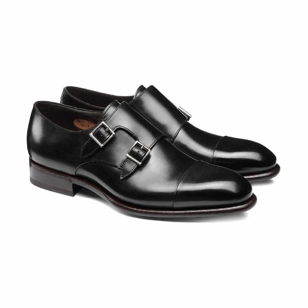 Santoni Doppia fibbia da uomo in pelle nera Sconto