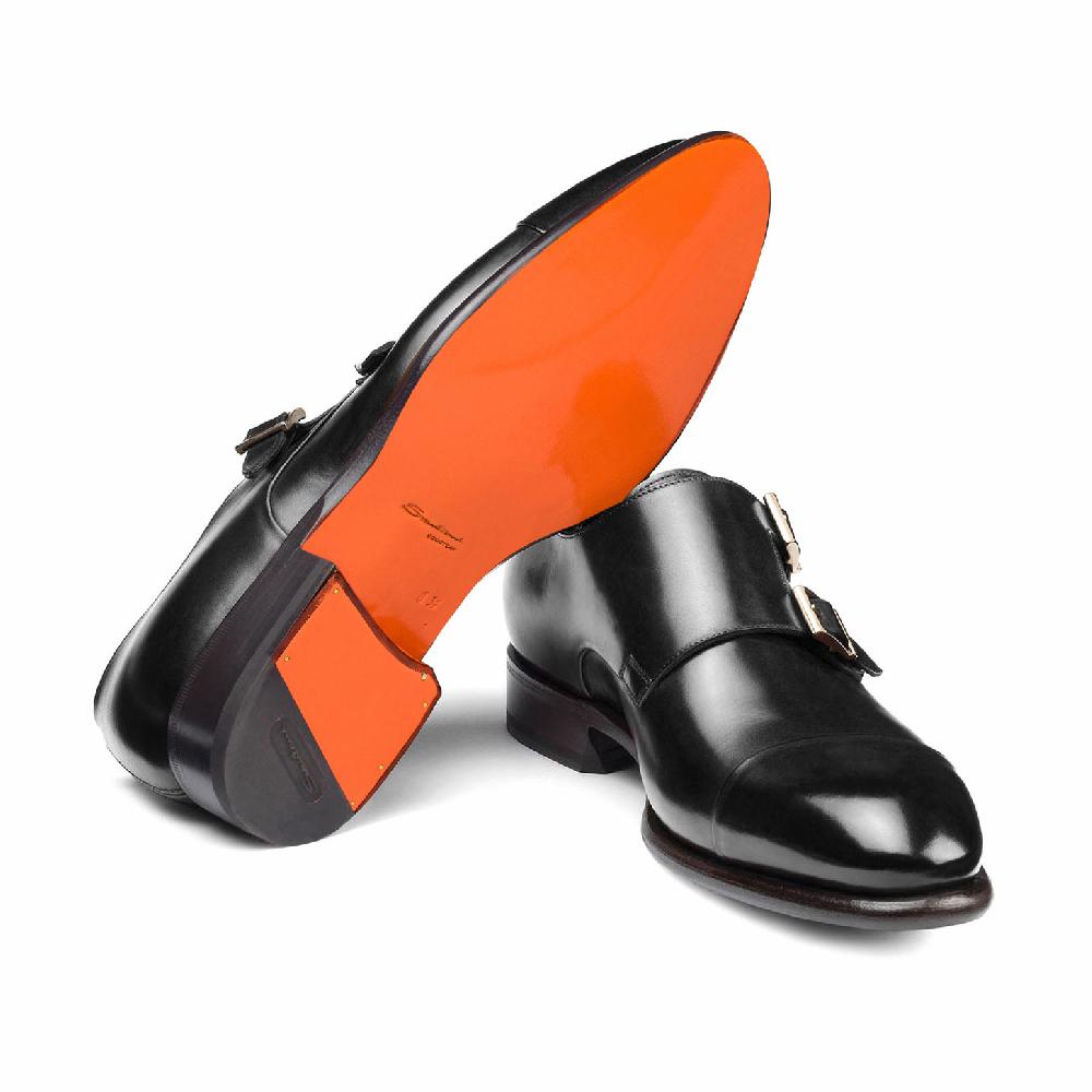 Santoni Doppia fibbia da uomo in pelle nera Sconto