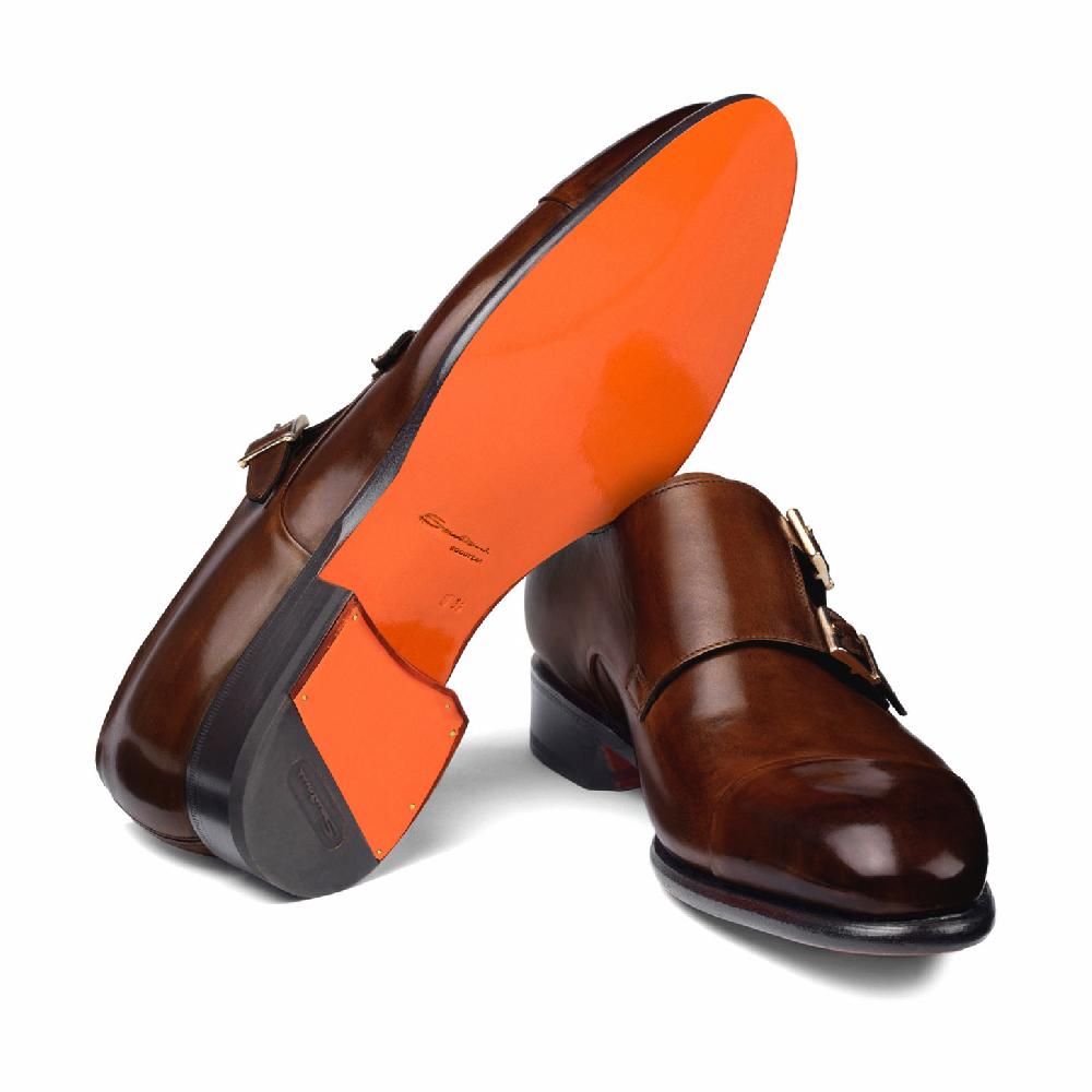 Santoni Doppia fibbia da uomo in pelle marrone medio Economico