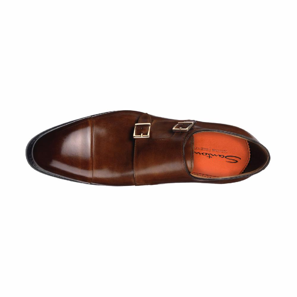 Santoni Doppia fibbia da uomo in pelle marrone medio Economico