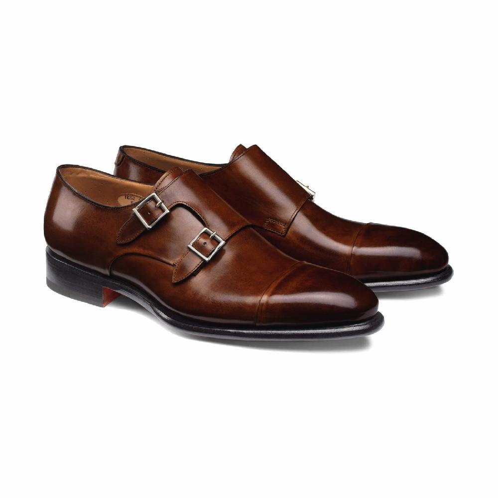 Santoni Doppia fibbia da uomo in pelle marrone medio Economico