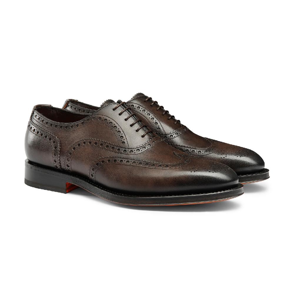 Santoni Stringata oxford brogue da uomo in pelle anticata marrone Outlet