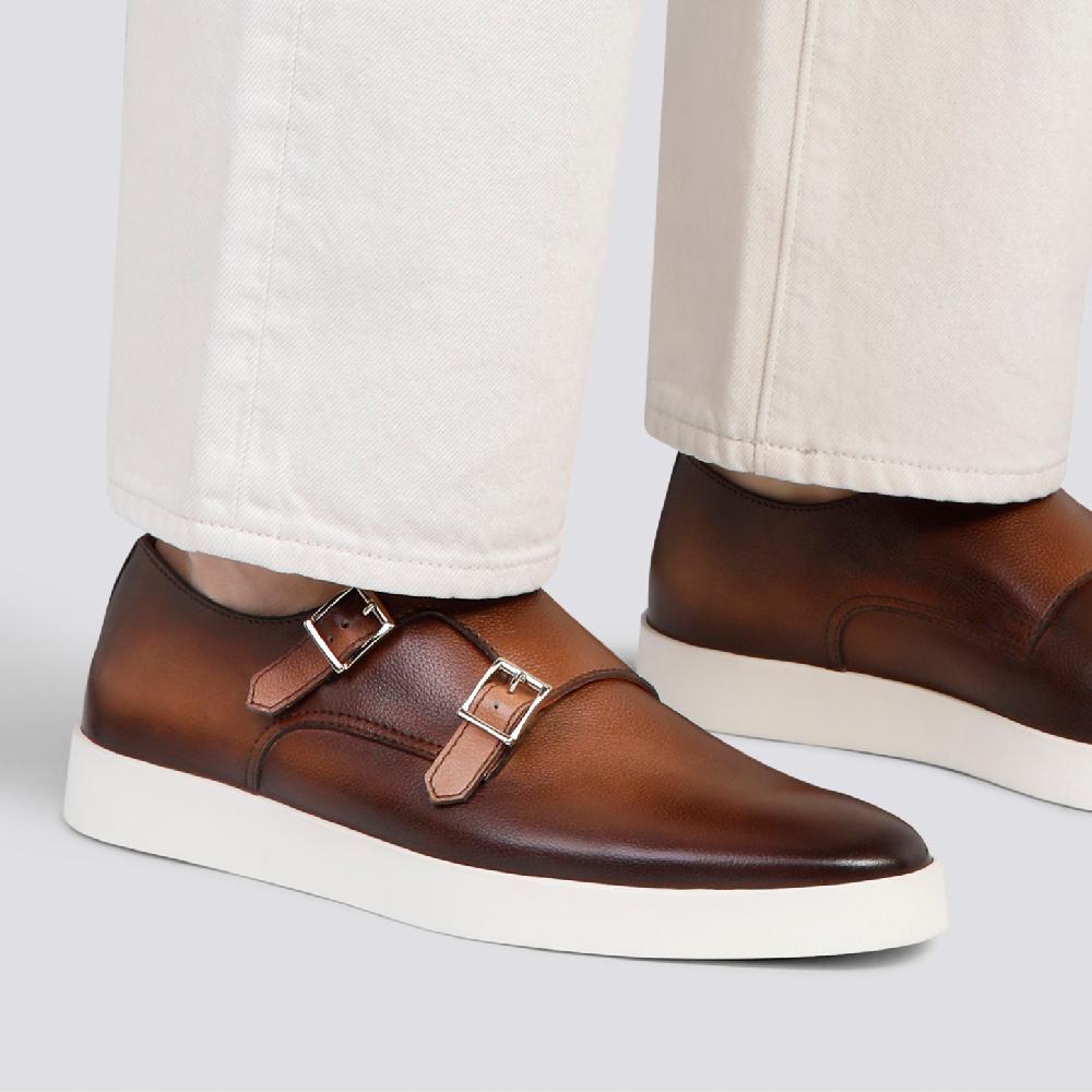 Santoni Doppia fibbia da uomo in pelle bottalata marrone In Vendita