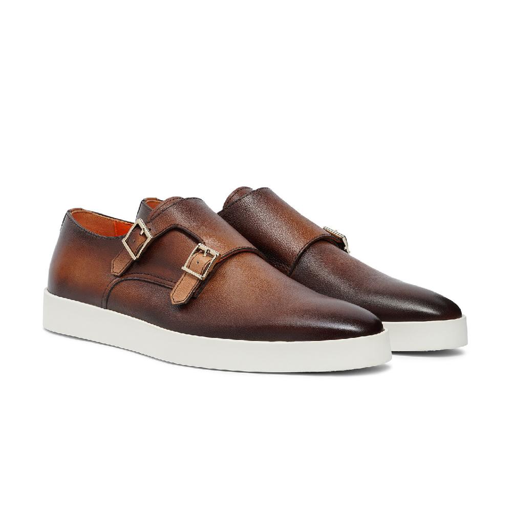 Santoni Doppia fibbia da uomo in pelle bottalata marrone In Vendita