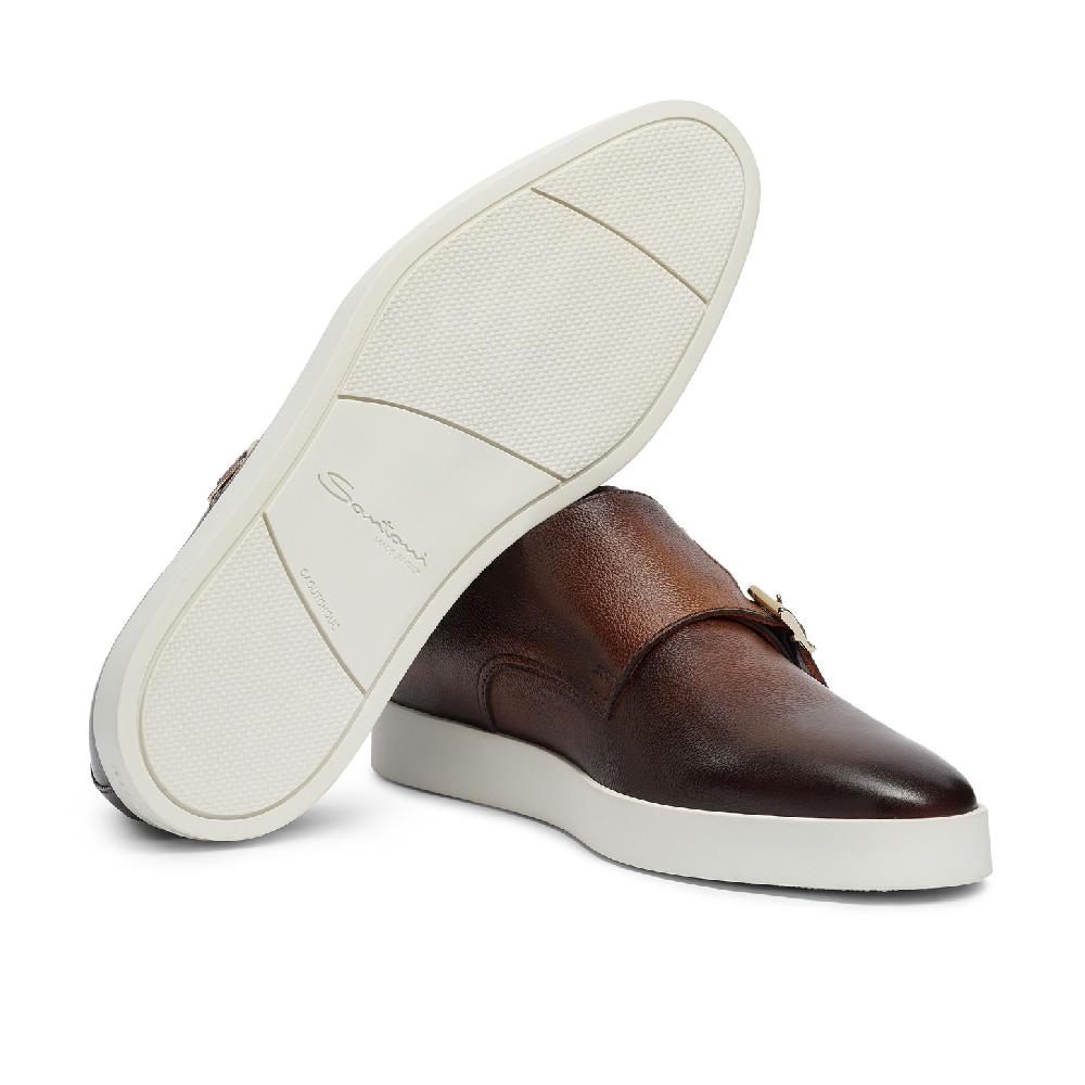 Santoni Doppia fibbia da uomo in pelle bottalata marrone In Vendita
