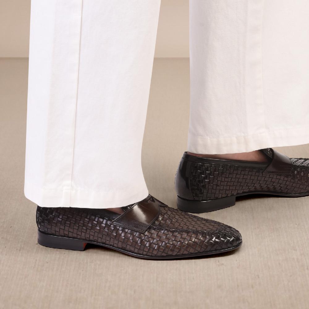 Santoni Mocassino penny con tomaia intrecciata da uomo in pelle marrone Vendita Economica