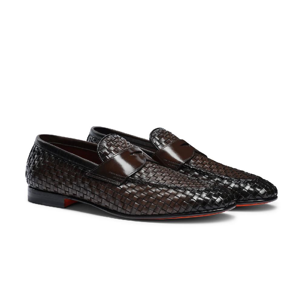 Santoni Mocassino penny con tomaia intrecciata da uomo in pelle marrone Vendita Economica