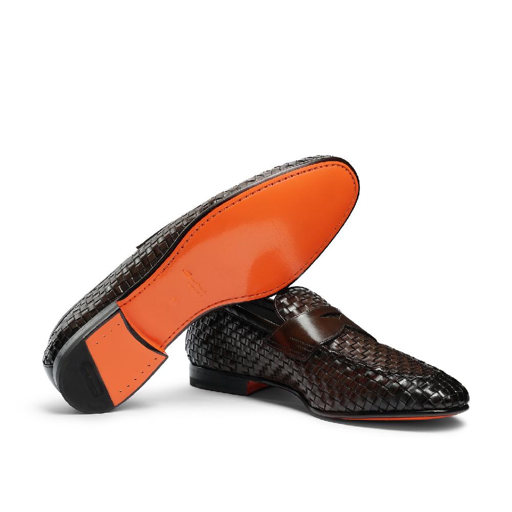 Santoni Mocassino penny con tomaia intrecciata da uomo in pelle marrone Vendita Economica