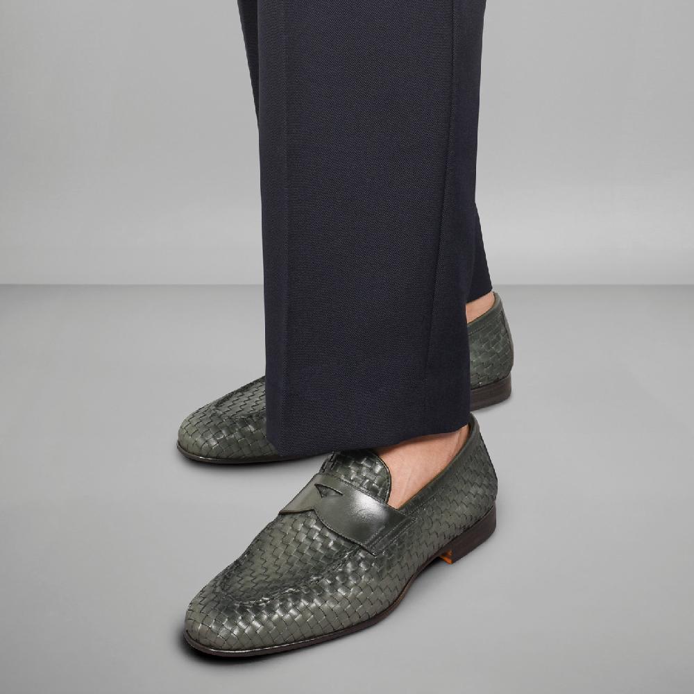 Santoni Mocassino da uomo in pelle intrecciata verde Nuova