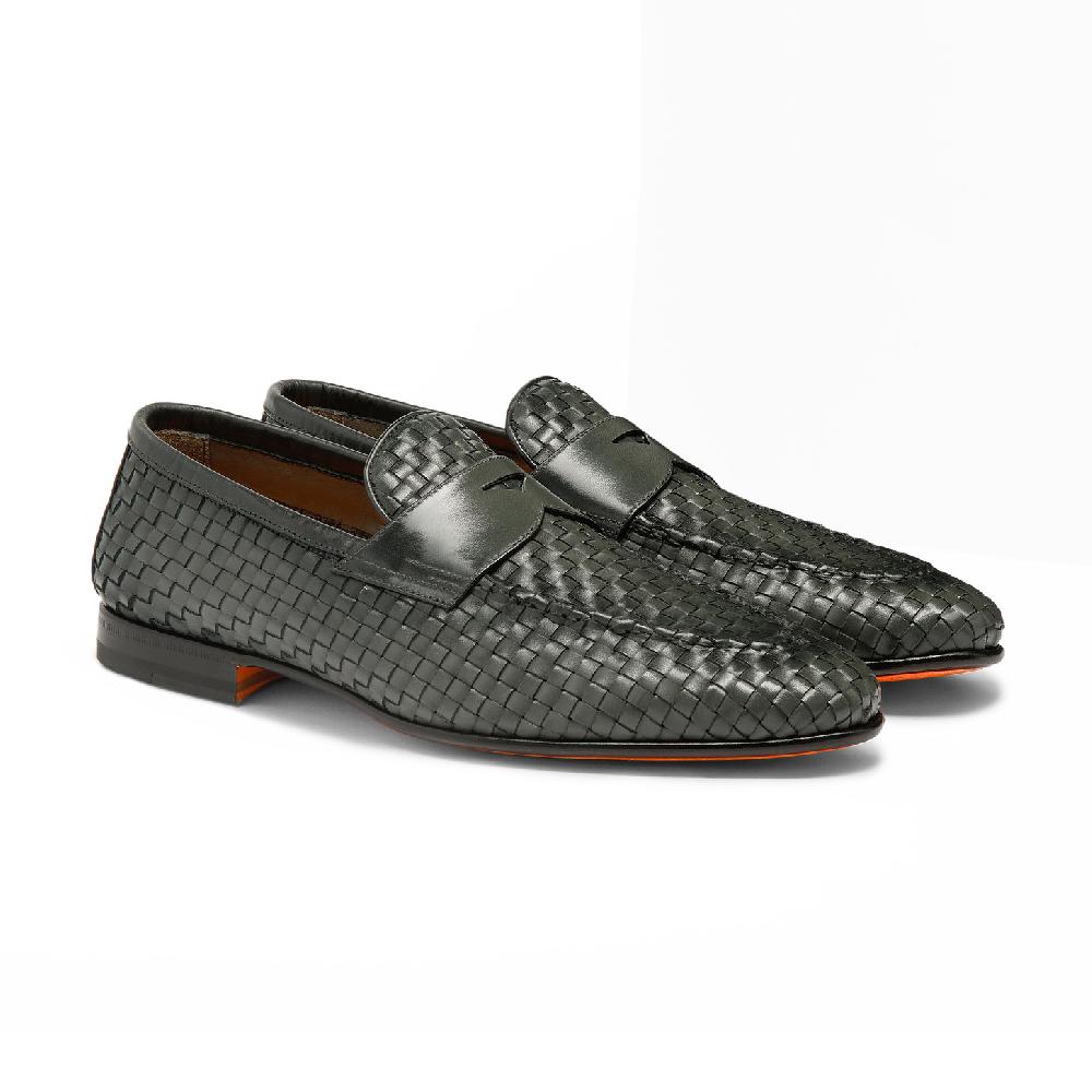 Santoni Mocassino da uomo in pelle intrecciata verde Nuova