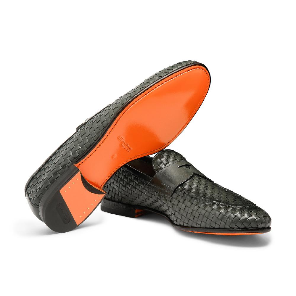 Santoni Mocassino da uomo in pelle intrecciata verde Nuova