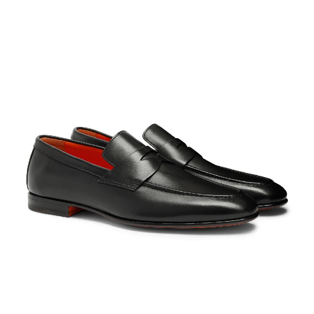 Santoni Mocassino penny da uomo in pelle anticata nera In Linea