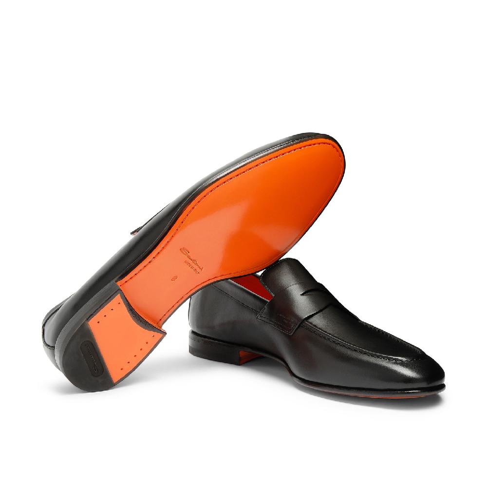 Santoni Mocassino penny da uomo in pelle anticata nera In Linea