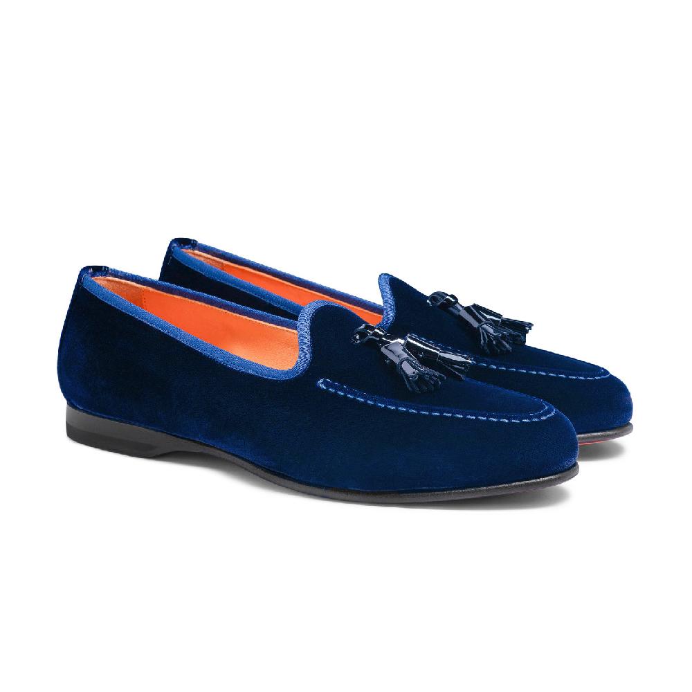 Santoni Mocassino Andrea con nappe da uomo in velluto blu Pezzi Unici
