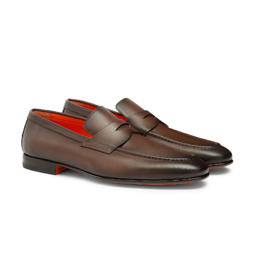 Santoni Mocassino penny da uomo in pelle anticata marrone Soddisfazione Garantita