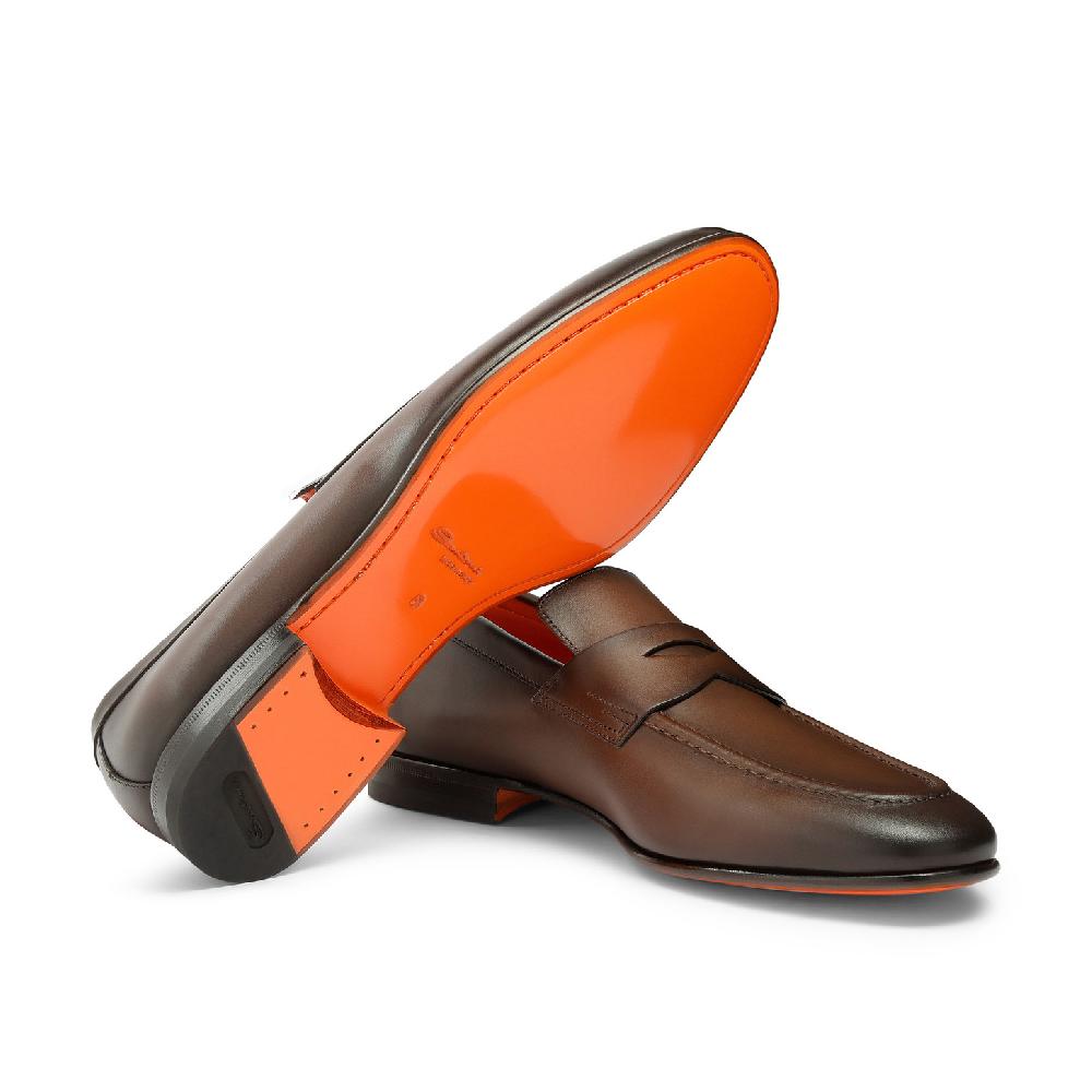 Santoni Mocassino penny da uomo in pelle anticata marrone Soddisfazione Garantita