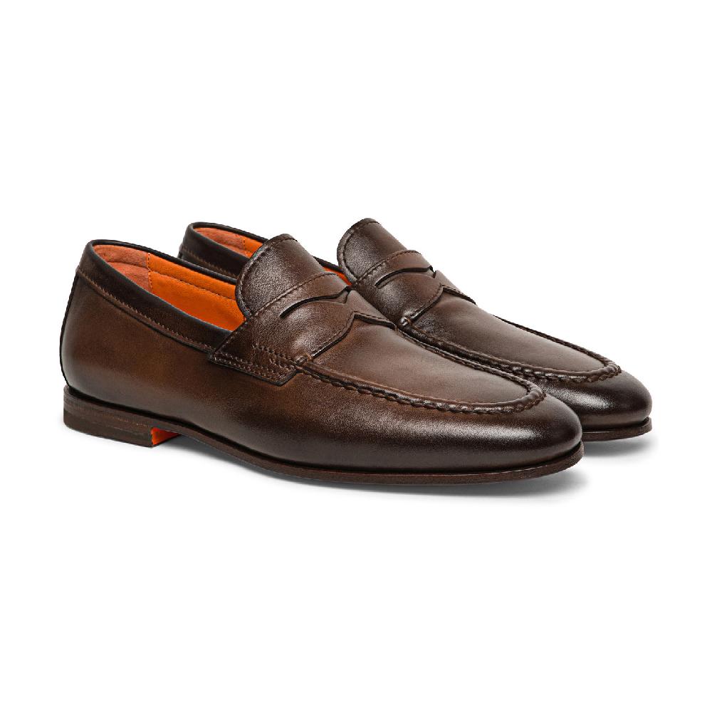 Santoni Mocassino penny da uomo in pelle anticata marrone Acquista Ora