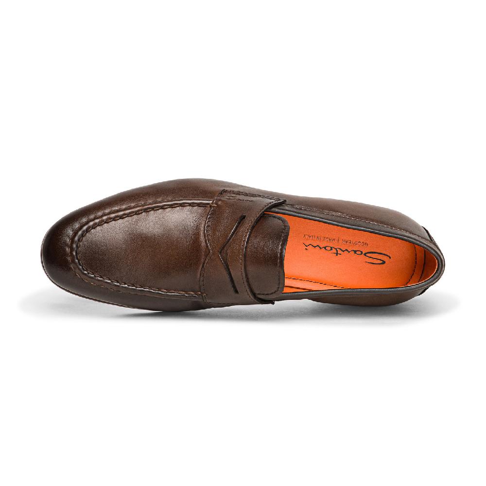 Santoni Mocassino penny da uomo in pelle anticata marrone Acquista Ora