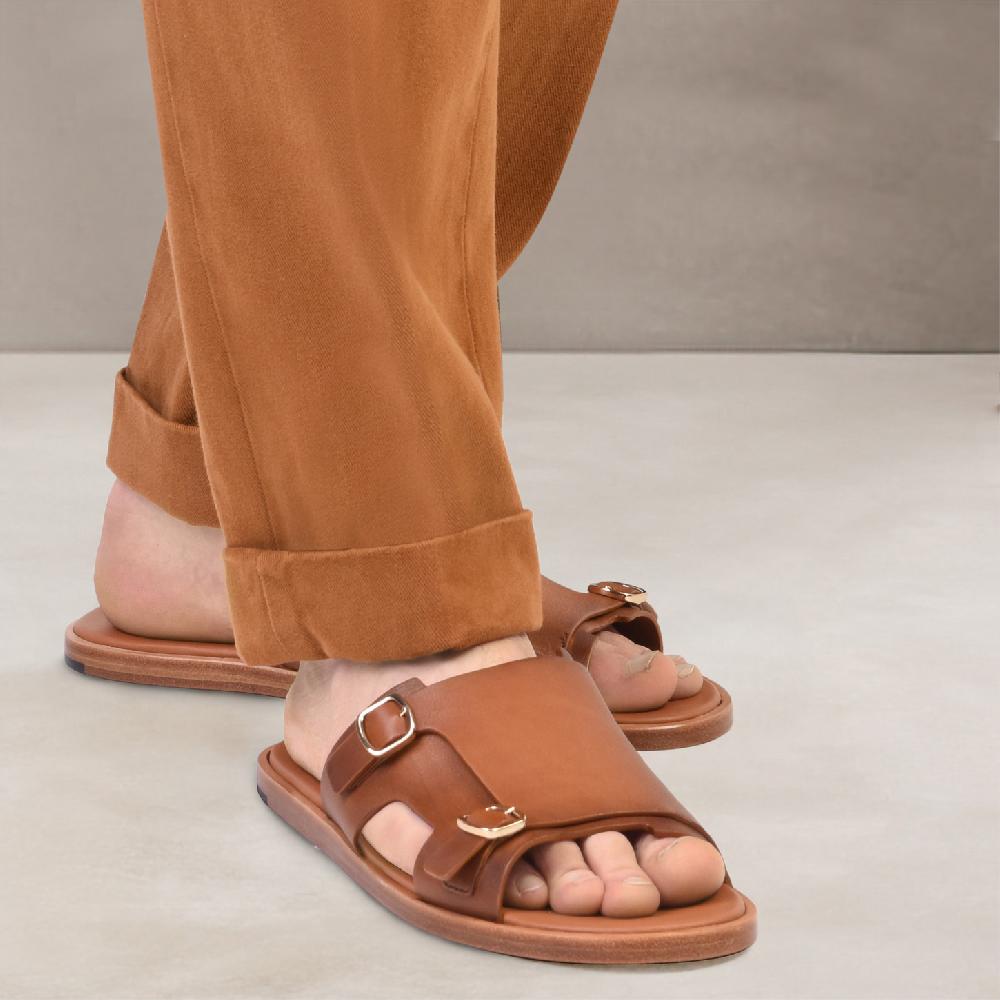 Santoni Sandalo doppia fibbia da uomo in pelle marrone Consegna Veloce