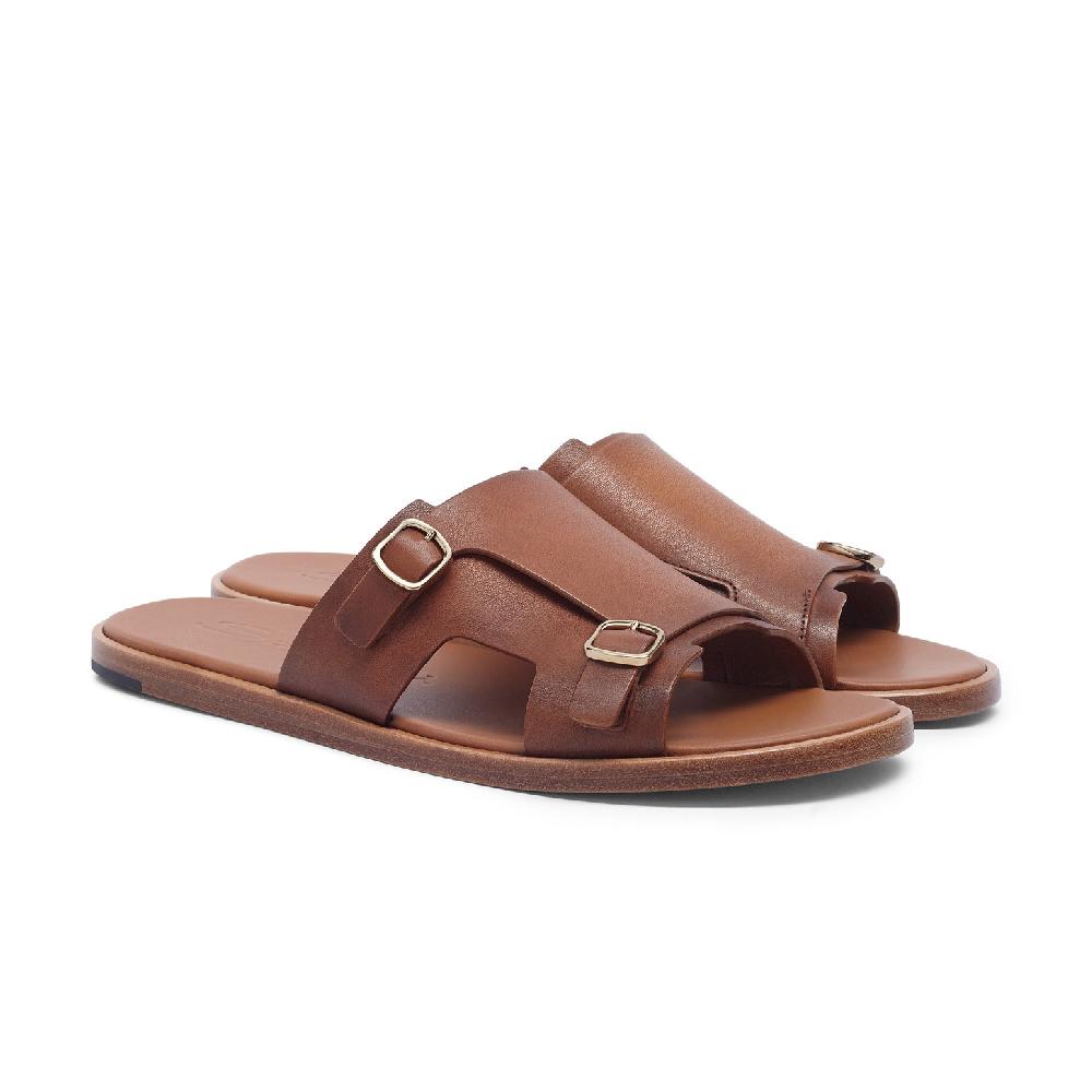 Santoni Sandalo doppia fibbia da uomo in pelle marrone Consegna Veloce