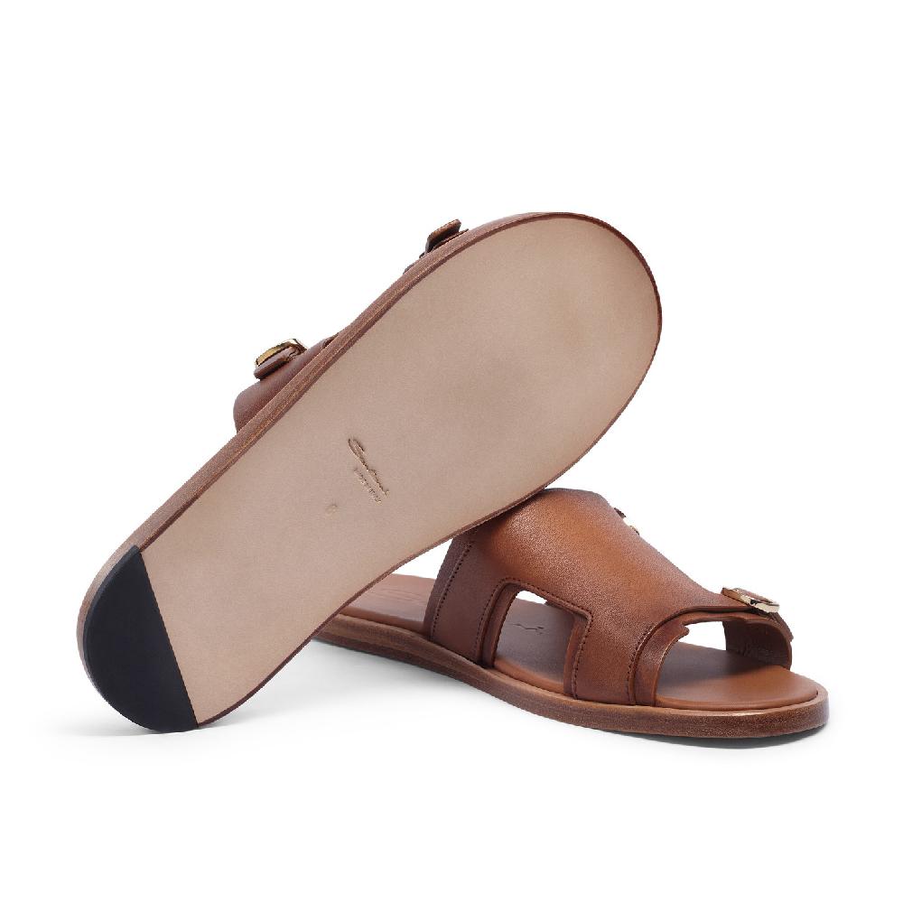 Santoni Sandalo doppia fibbia da uomo in pelle marrone Consegna Veloce