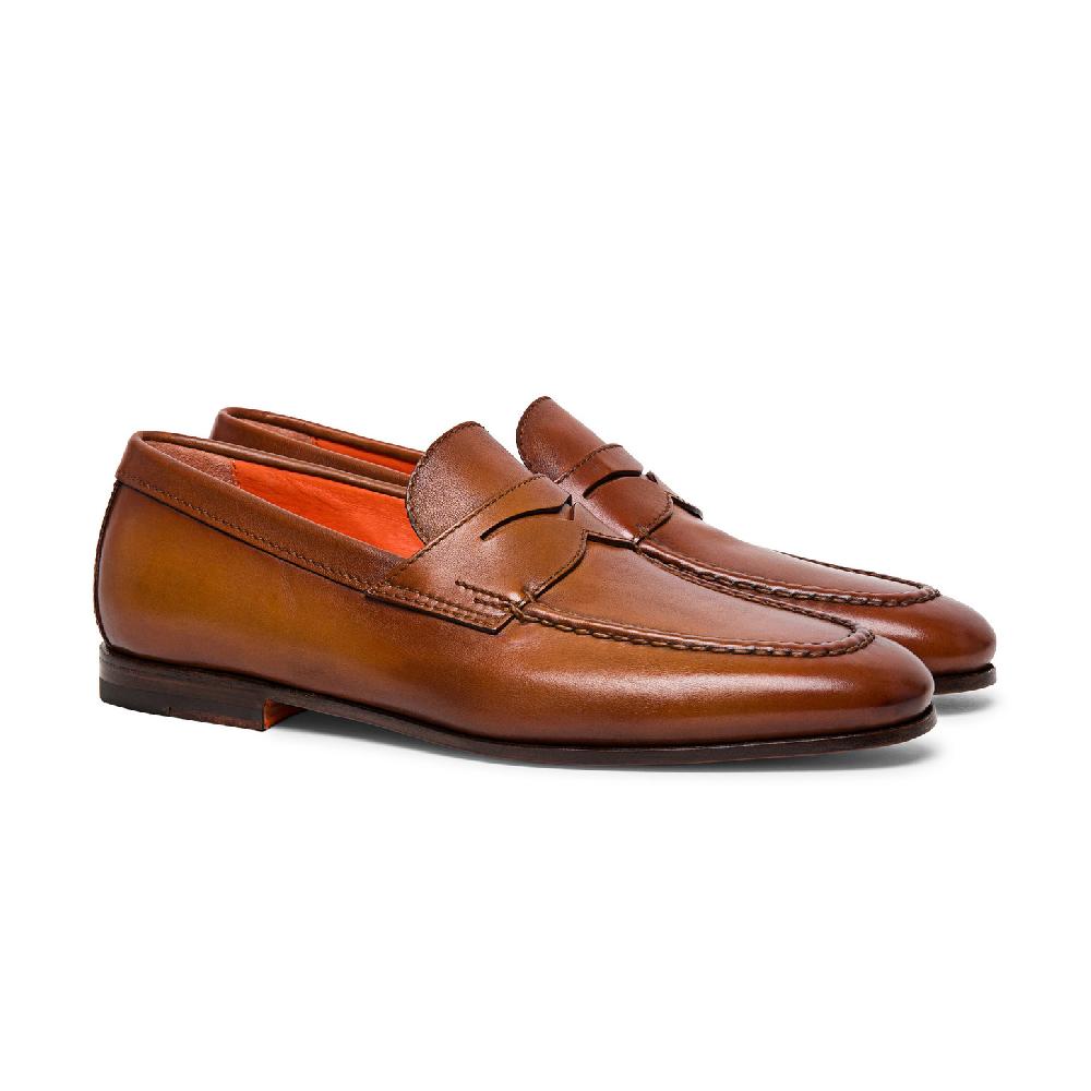 Santoni Mocassino penny da uomo in pelle marrone Sconto