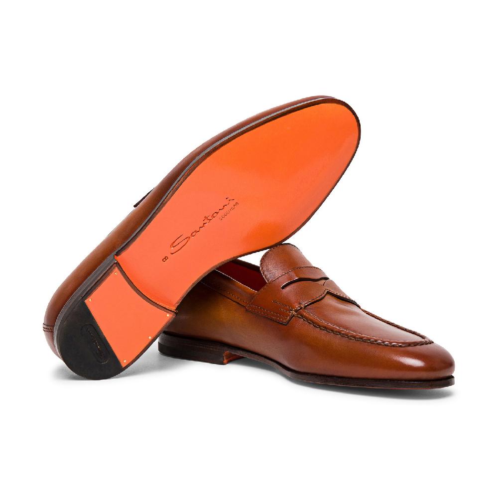 Santoni Mocassino penny da uomo in pelle marrone Sconto