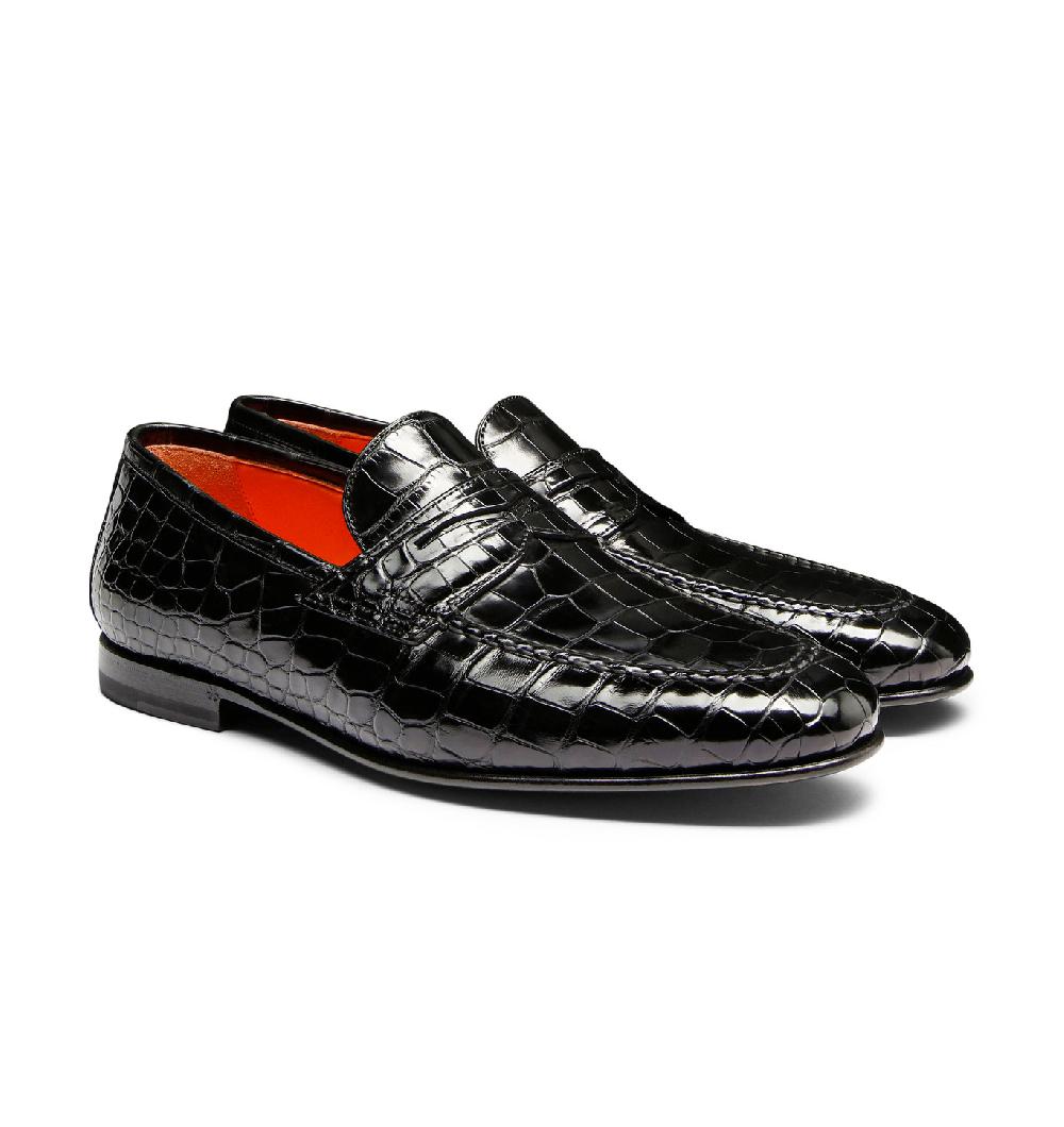 Santoni Mocassino penny da uomo in alligatore nero Outlet