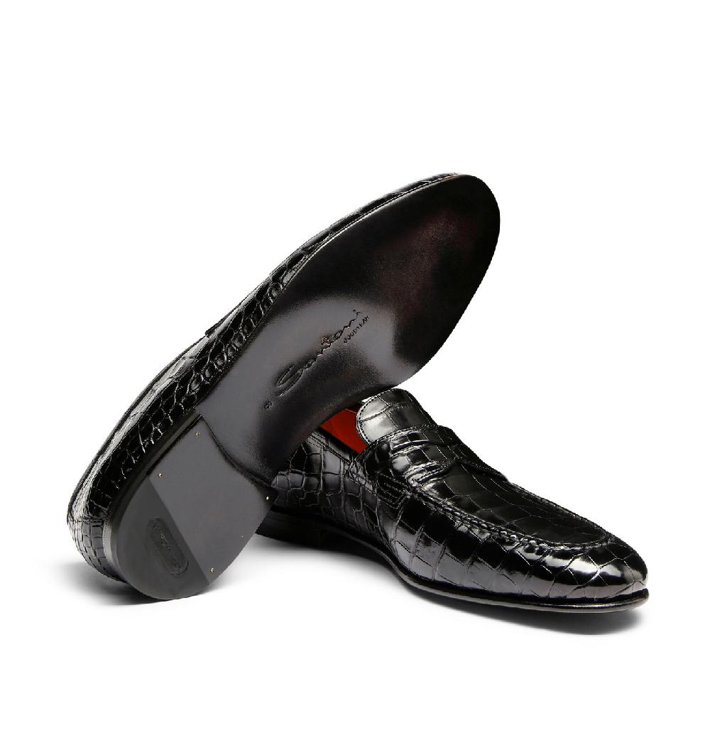 Santoni Mocassino penny da uomo in alligatore nero Outlet