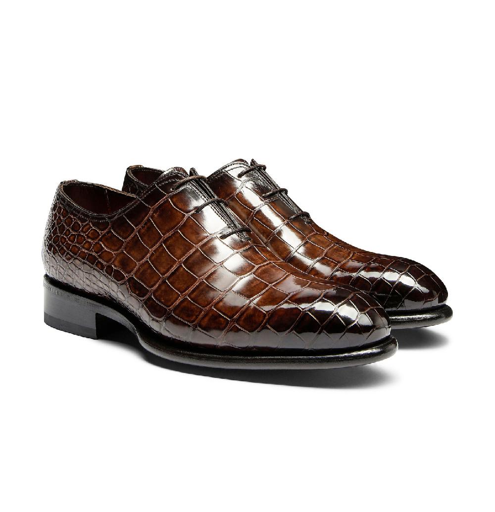 Santoni Stringata oxford da uomo in alligatore testa di moro Saldi Di Fabbrica