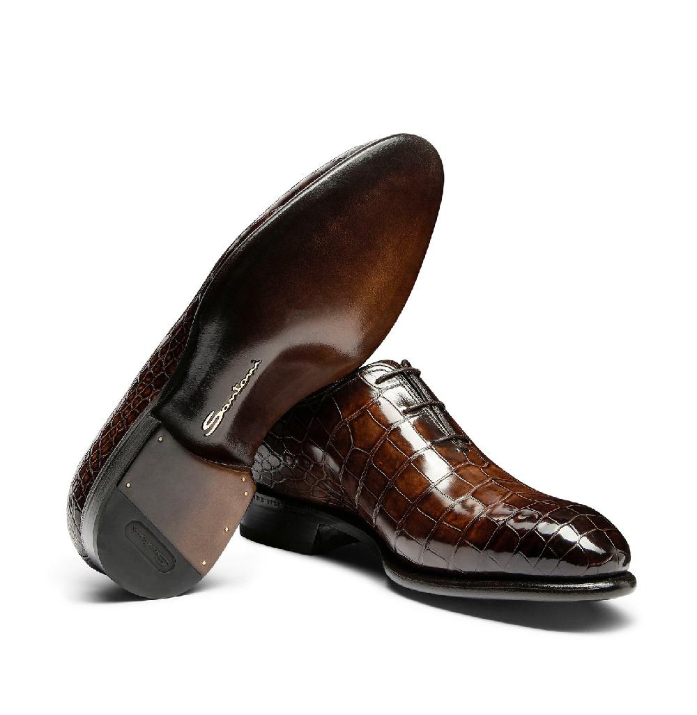 Santoni Stringata oxford da uomo in alligatore testa di moro Saldi Di Fabbrica