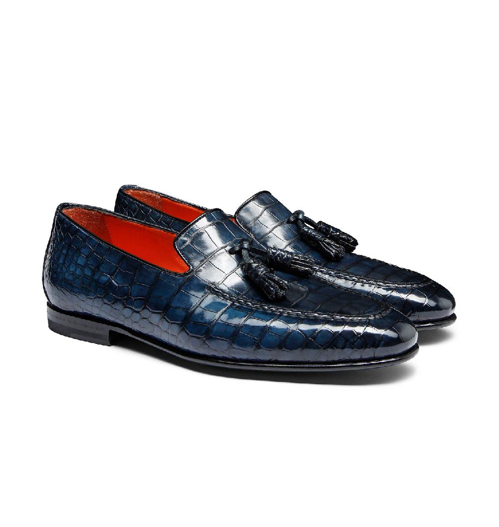 Santoni Mocassino con nappe da uomo in alligatore blu Vendite Flash