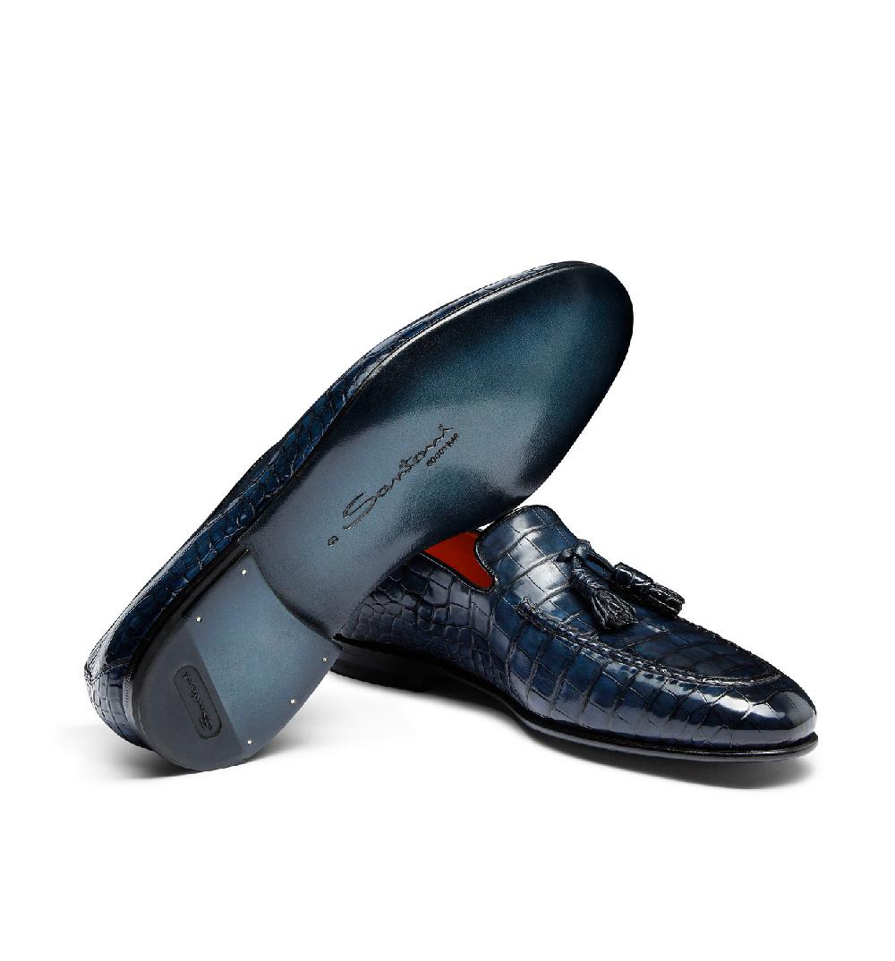 Santoni Mocassino con nappe da uomo in alligatore blu Vendite Flash