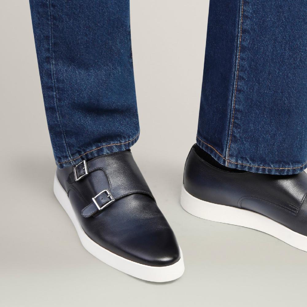 Santoni Doppia fibbia da uomo in pelle blu Italia
