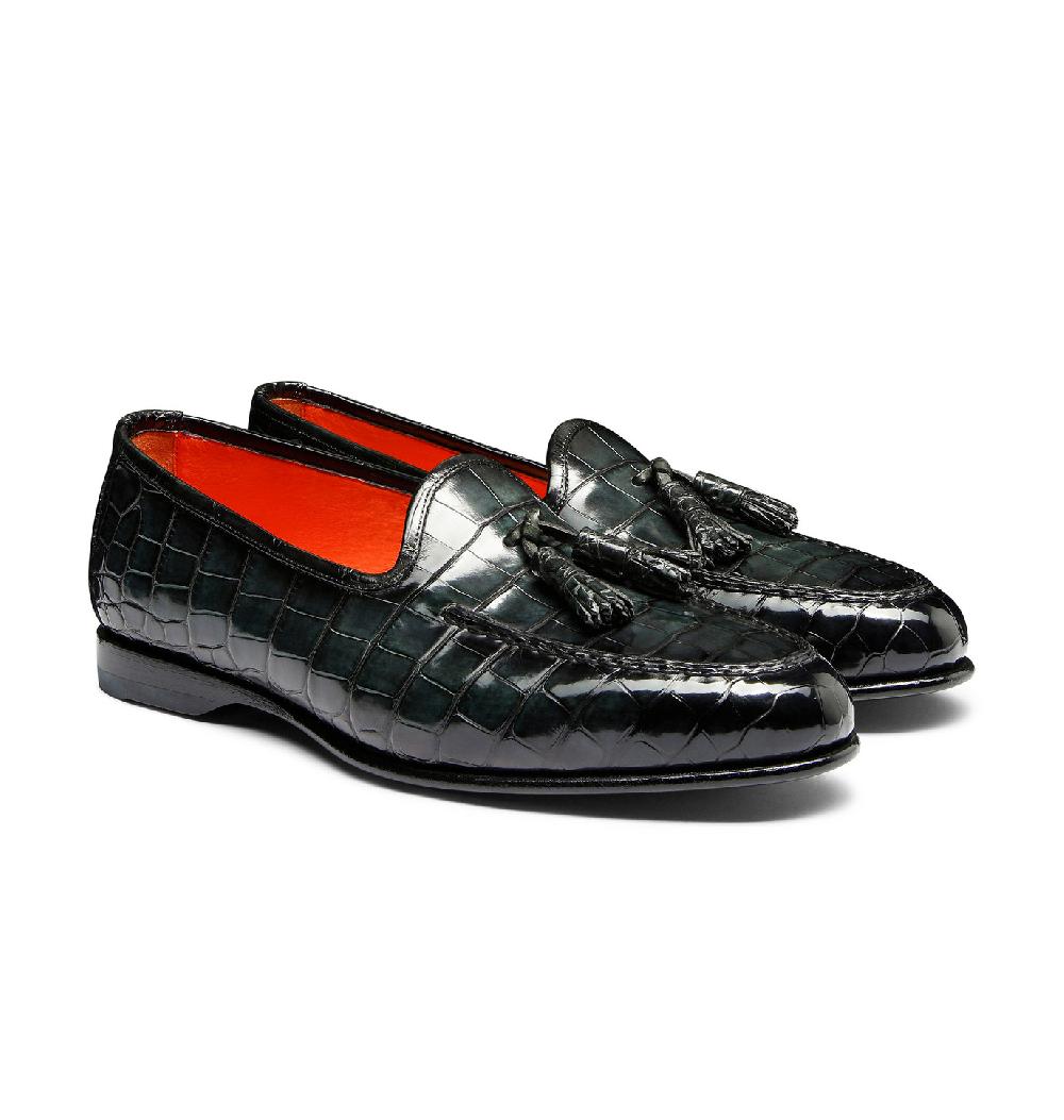 Santoni Mocassino Andrea con nappe da uomo in alligatore verde Rilascio limitato