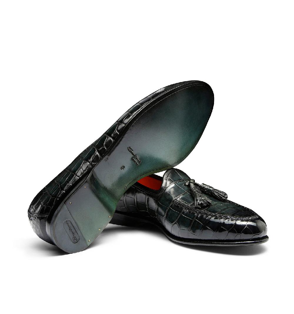 Santoni Mocassino Andrea con nappe da uomo in alligatore verde Rilascio limitato