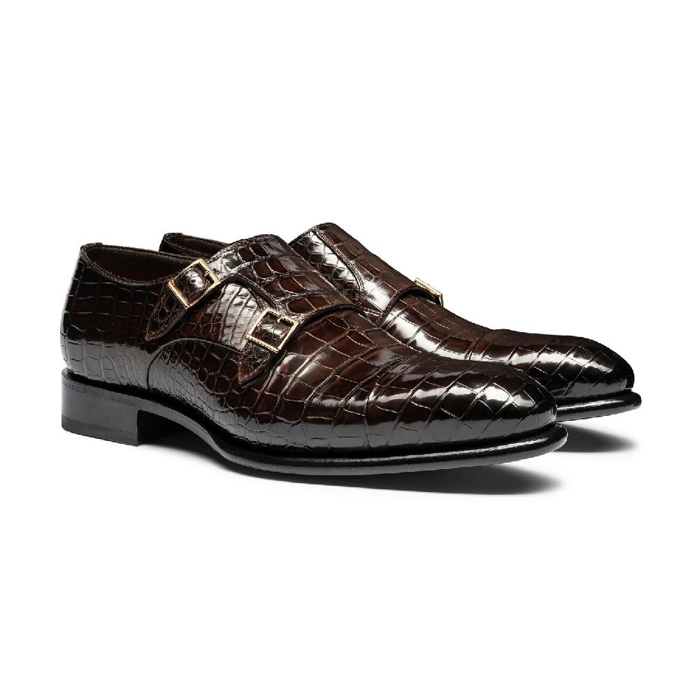 Santoni Doppia fibbia da uomo in alligatore testa di moro Nuovo
