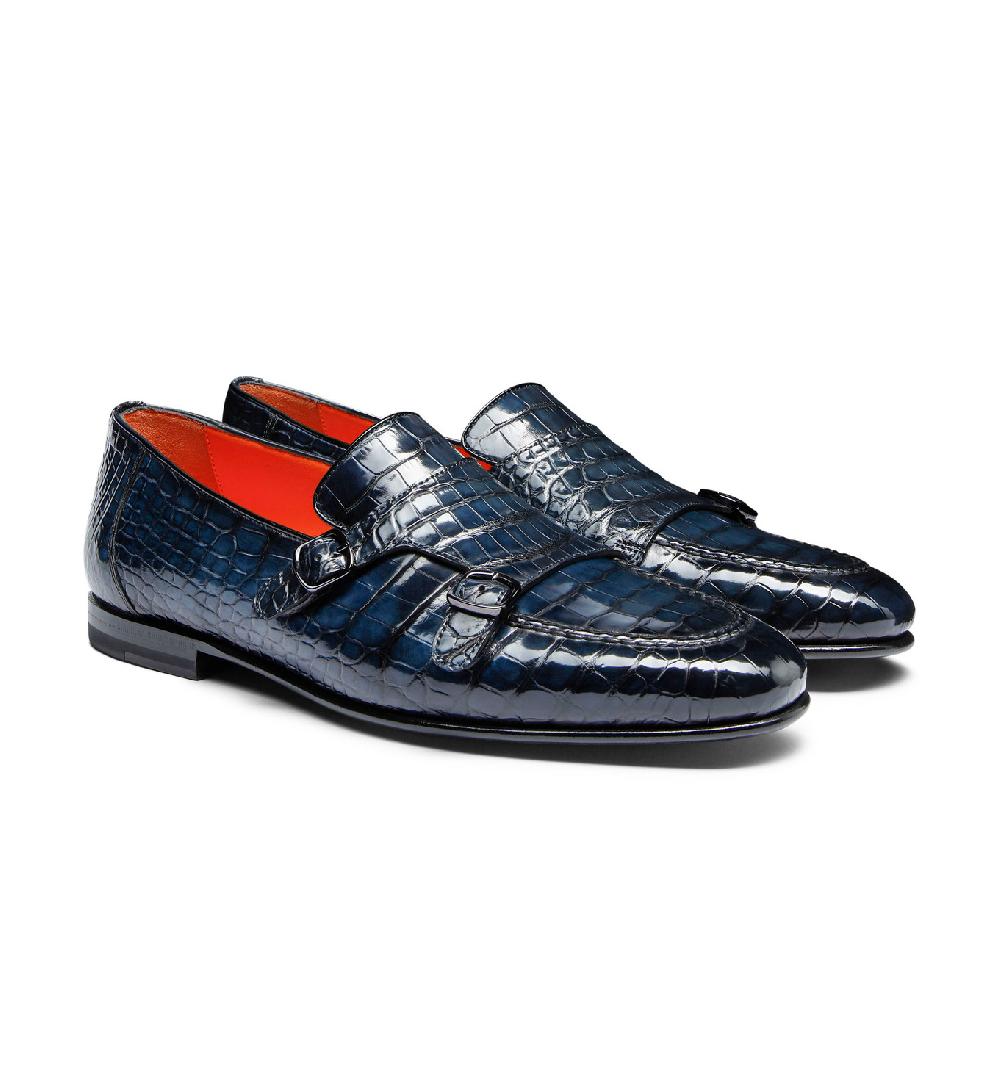 Santoni Mocassino con doppia fibbia da uomo in alligatore blu Vendita