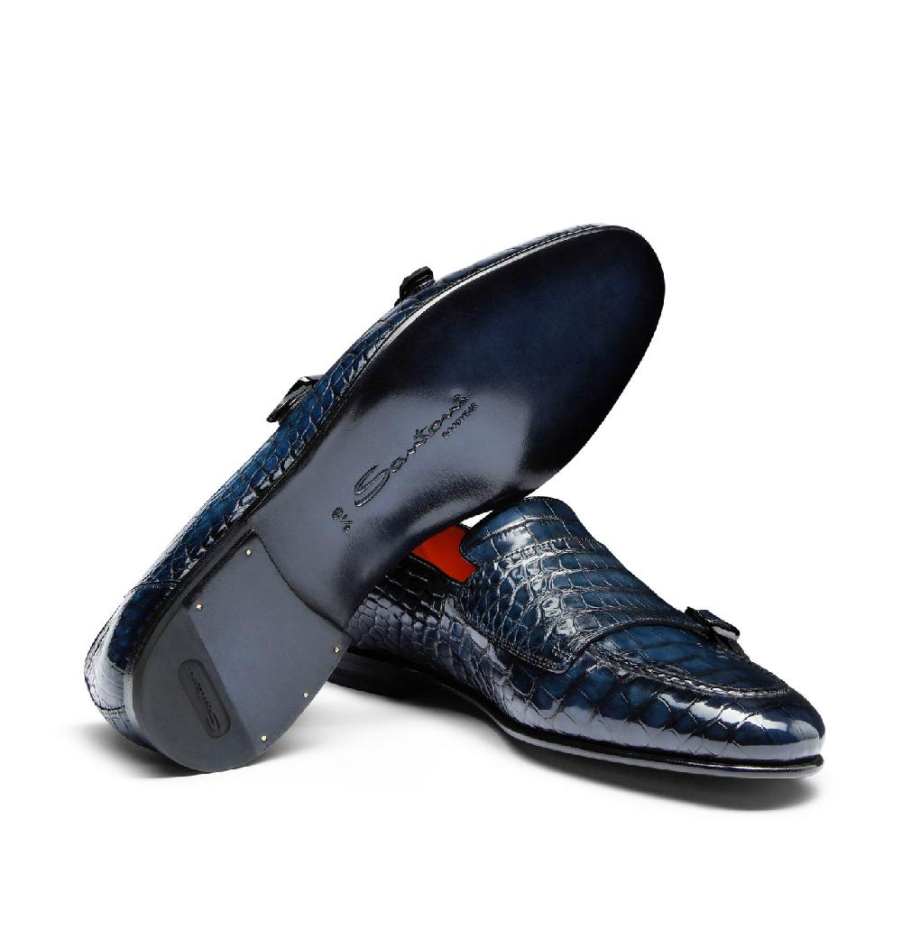 Santoni Mocassino con doppia fibbia da uomo in alligatore blu Vendita