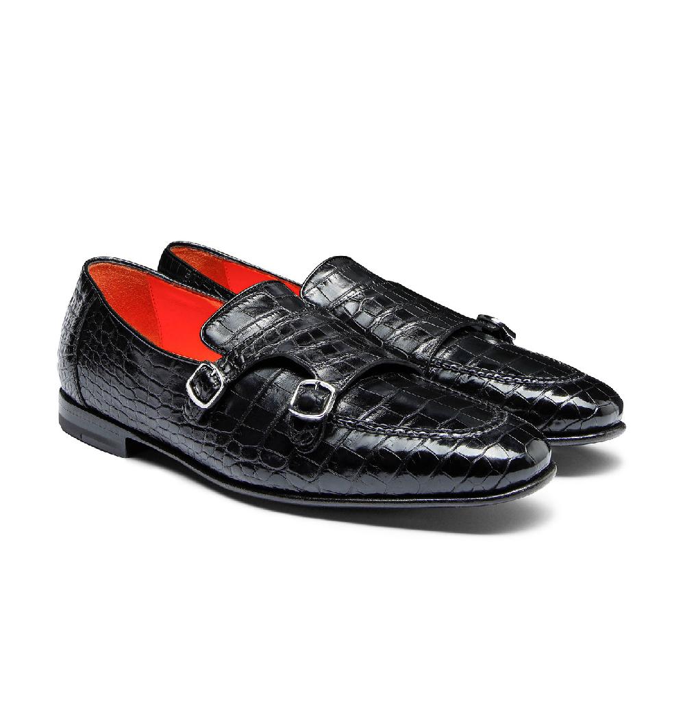 Santoni Mocassino con doppia fibbia da uomo in alligatore nero Soddisfazione Garantita