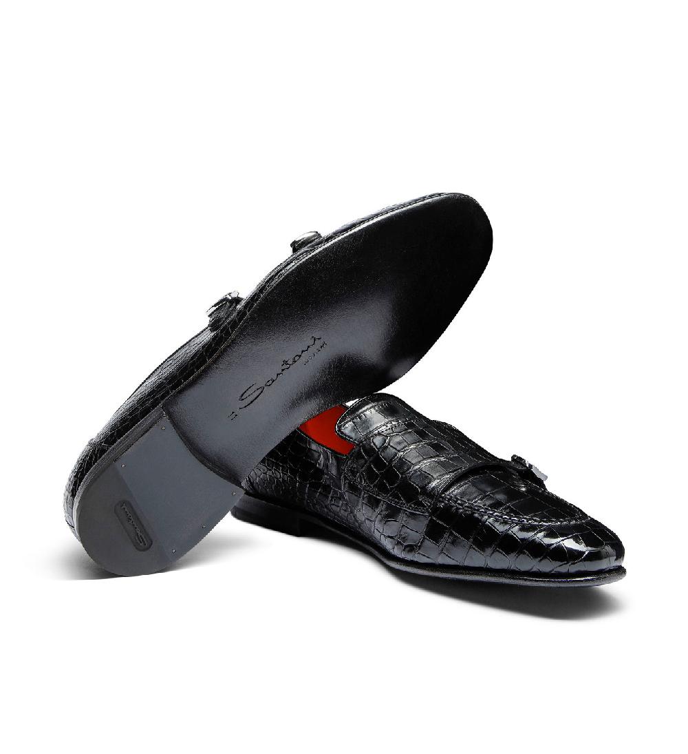 Santoni Mocassino con doppia fibbia da uomo in alligatore nero Soddisfazione Garantita