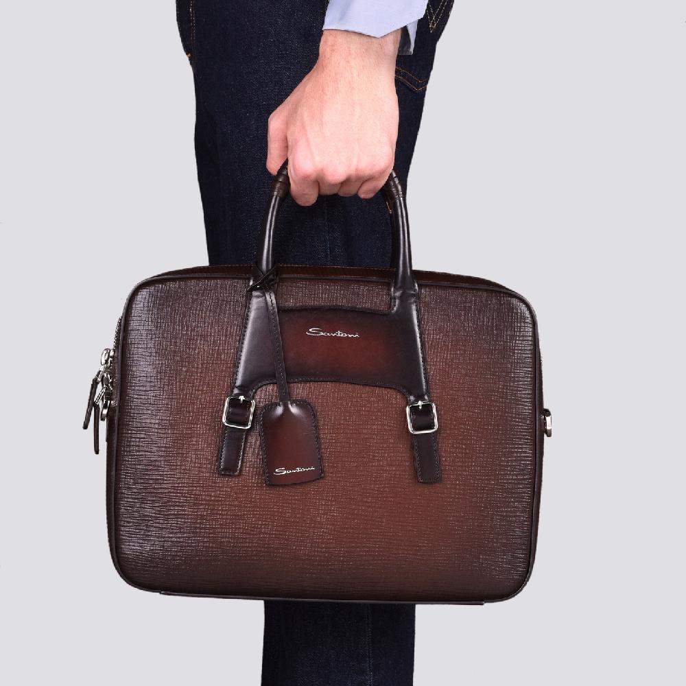 Santoni Briefcase in pelle stampata marrone Offerta