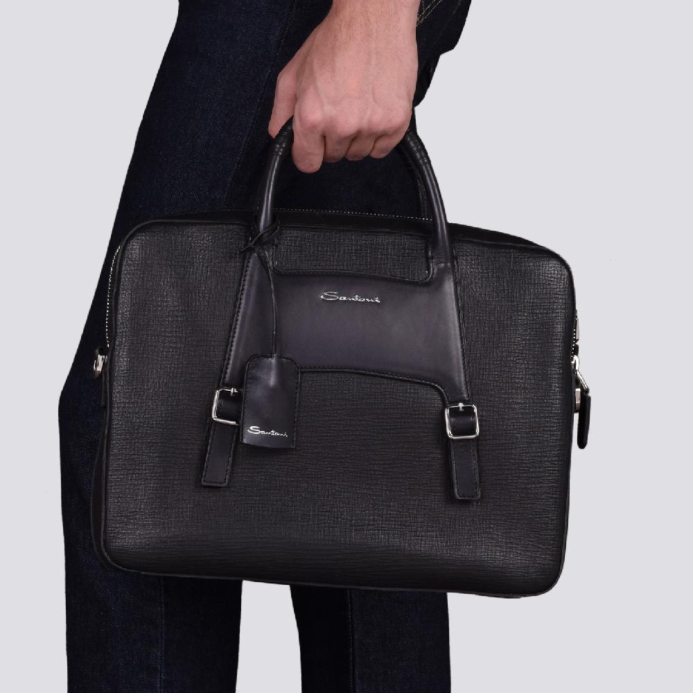 Santoni Briefcase in pelle stampata nera Economico