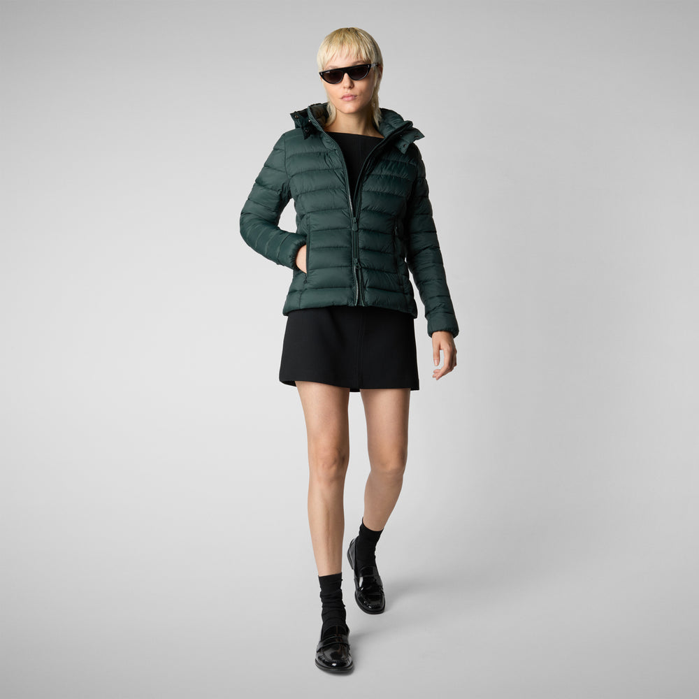 Save the duck PIUMINO ANIMAL FREE CON CAPPUCCIO DONNA AMELIE VERDE NERO In Saldo