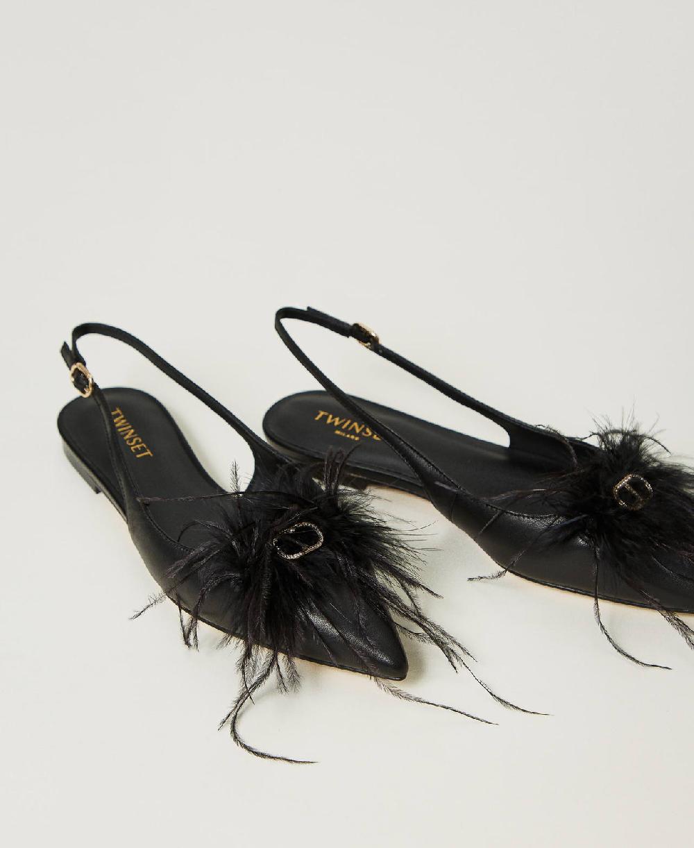 Scee by twin set Ballerine sling back in pelle con piume Spedizione Gratuita