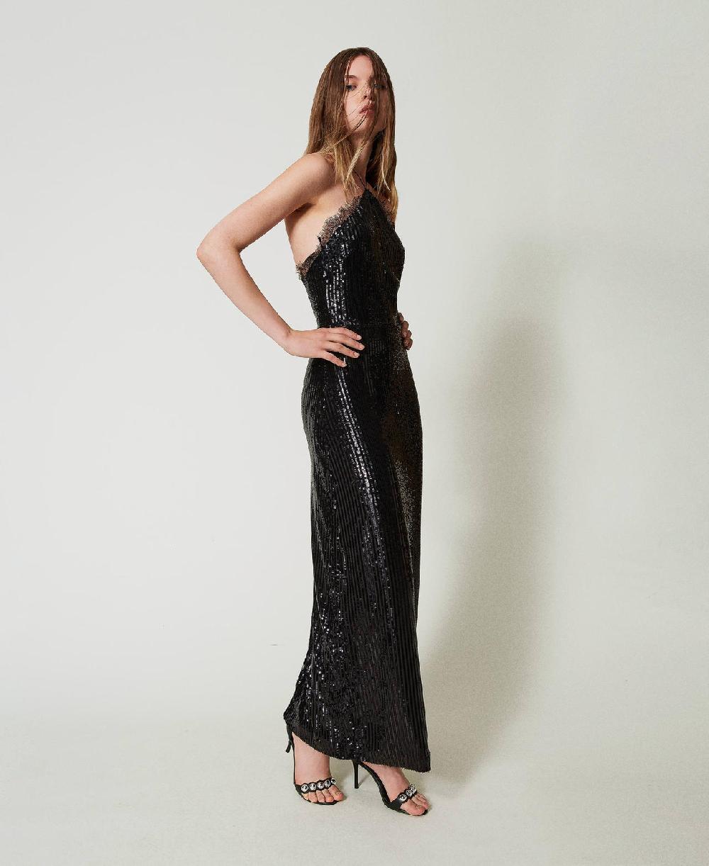 Scee by twin set Abito lungo in paillettes con pizzo Saldi Di Fabbrica