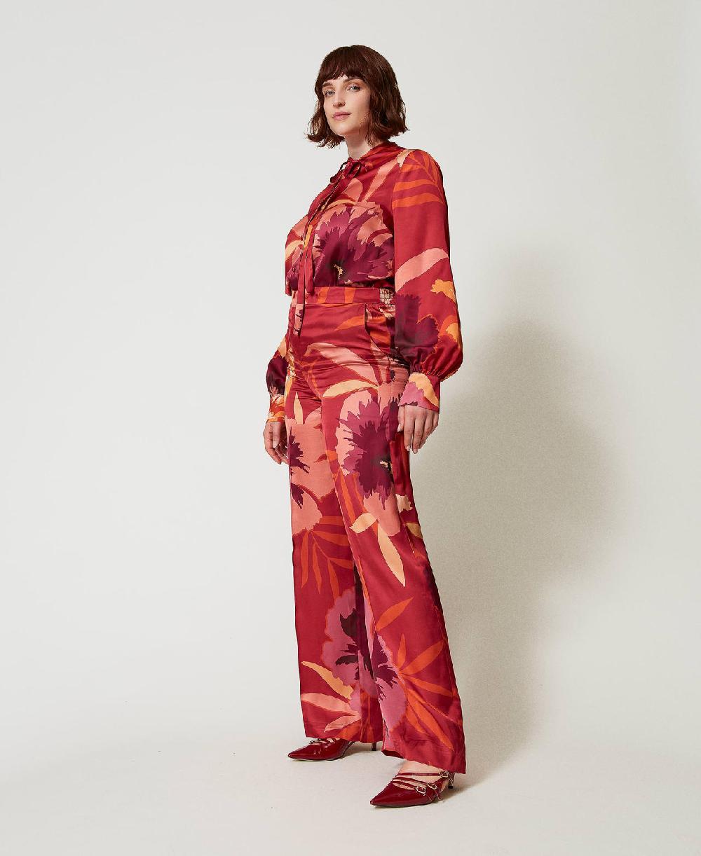 Scee by twin set Pantaloni wide leg in raso a fiori Vendita